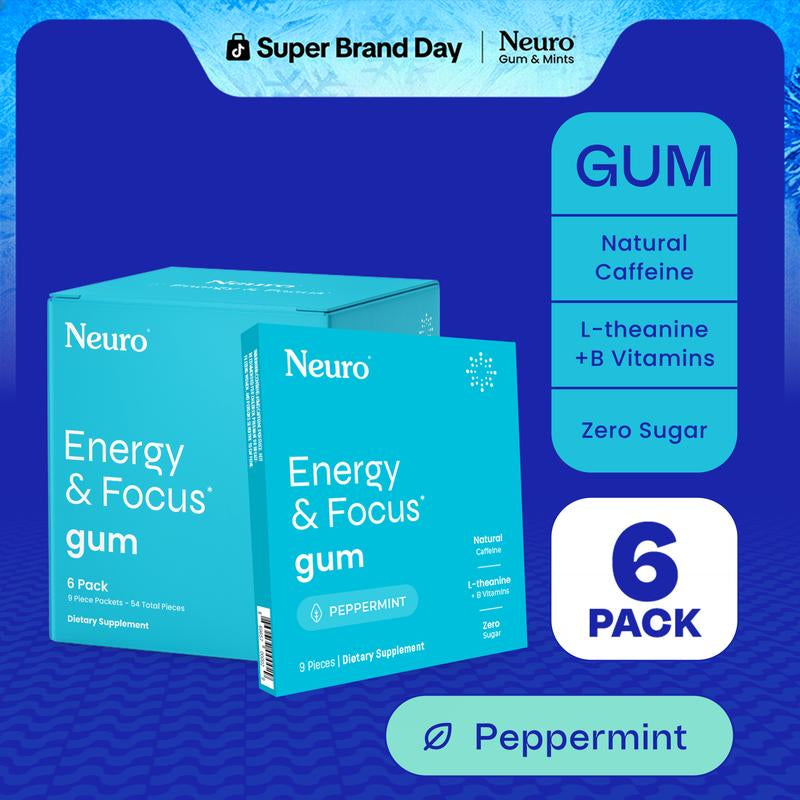 Neuro Energy Caffeine Gum/Mints for Energy & Focus - Sugar-Free with L Theanine, Caffeine, Vitamin B12 & Vitamin B6 - Peppermint Flavor